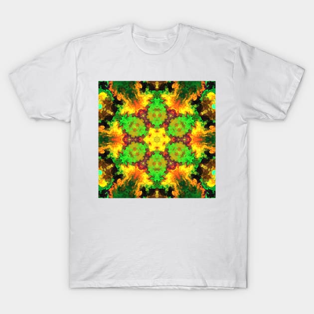 Psychedelic Hippie Flower Green Orange and Yellow T-Shirt by WormholeOrbital